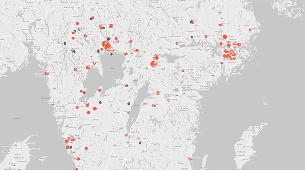 Karta över solcellsinstallationer för företag, BRF och lantbruk utförda av Nordic Solar i Sverige